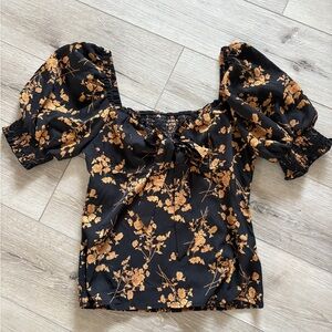 Floral Puff Sleeve Top - Black and Gold